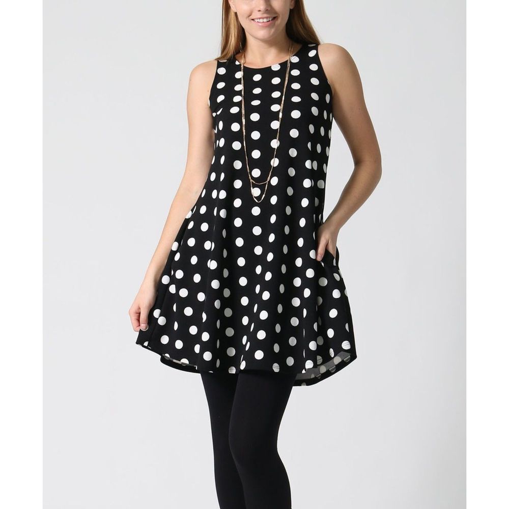 42POPS, Black Polka Dot Pocket Swing Tunic, XL